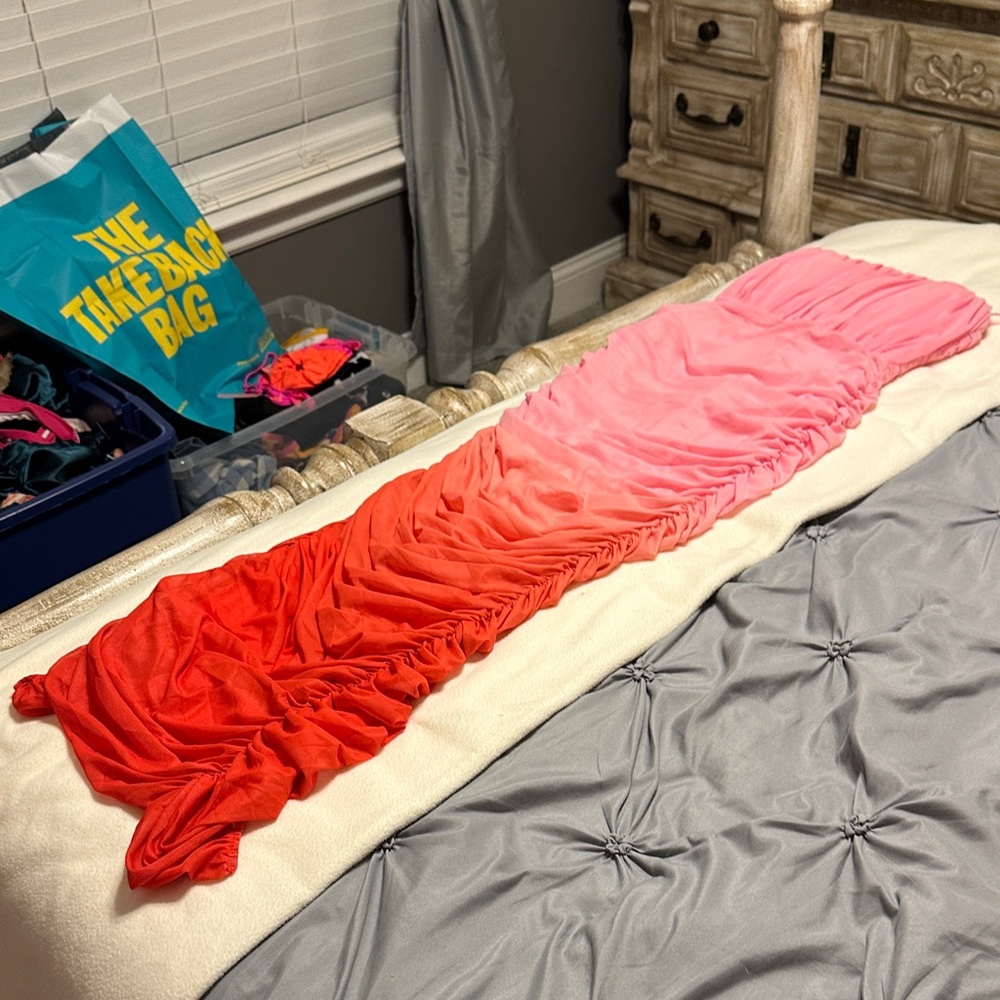 Ombre Pink to Red Ruched Maxi Dress